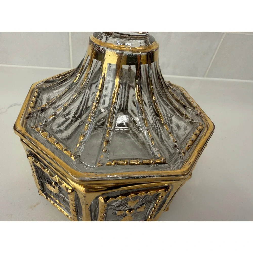 Imperial Glass Octagonal Trinket Box Gold Gilt Bird Flower Candy Dish With Lid